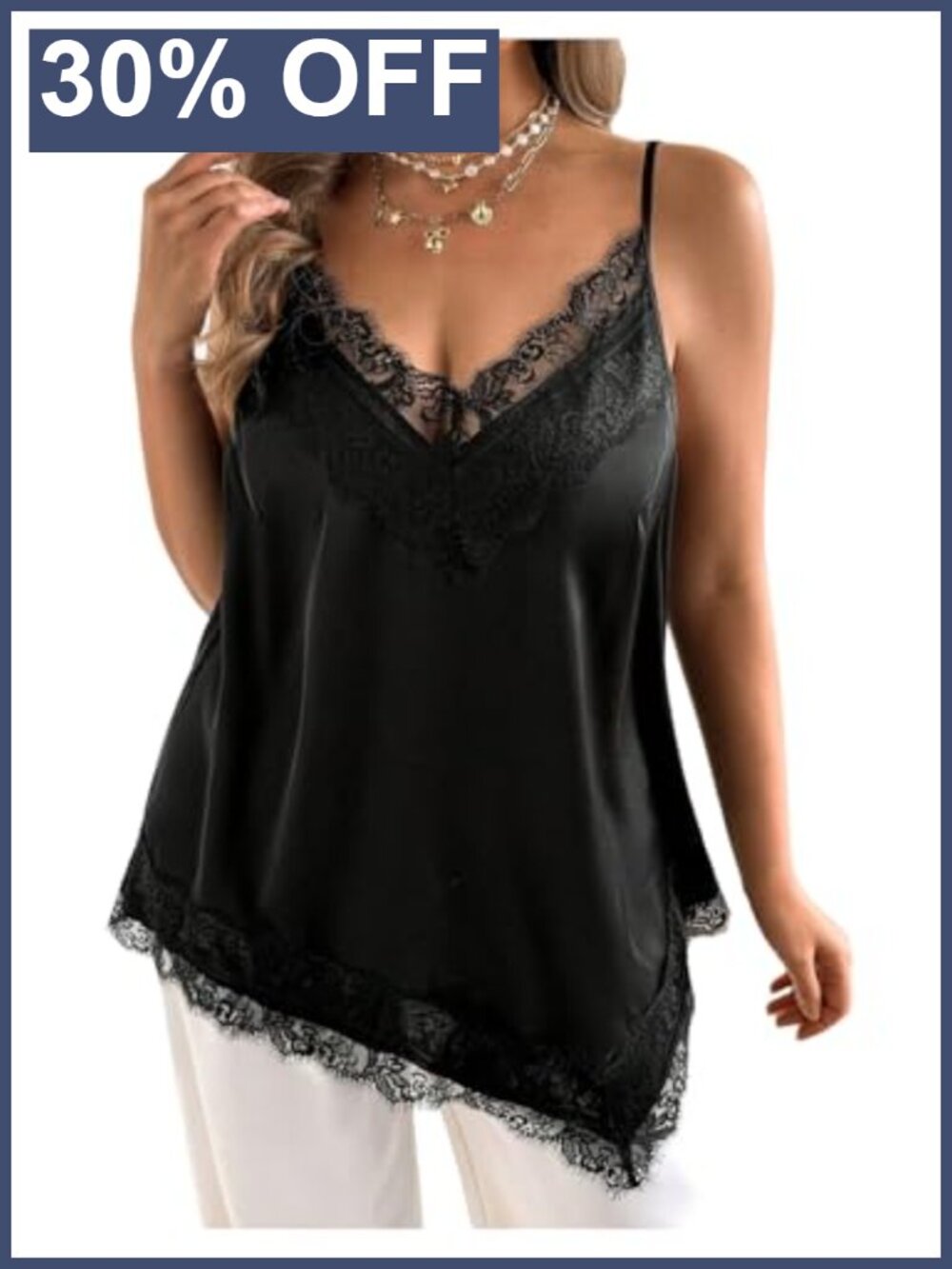 Plus Size Satin Lace Trim Cami Asymmetrical Hem V-Neck Tank Top